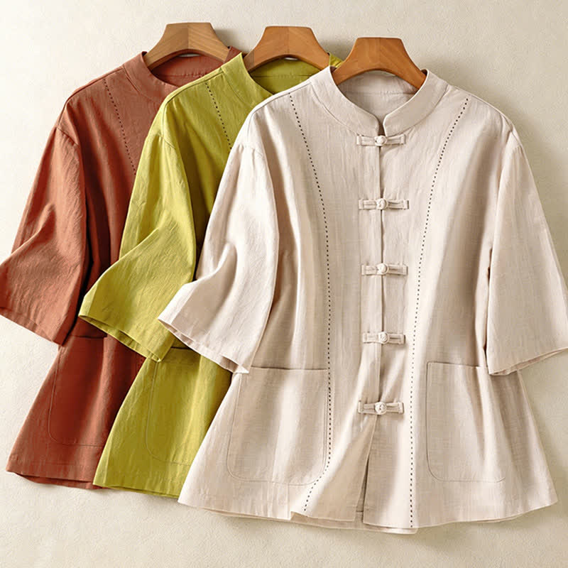 Nimara Ritual Summer Tang Style Vintage Mandarin Collar Frog Button Solid Women's Short Sleeve Shirts With Pockets