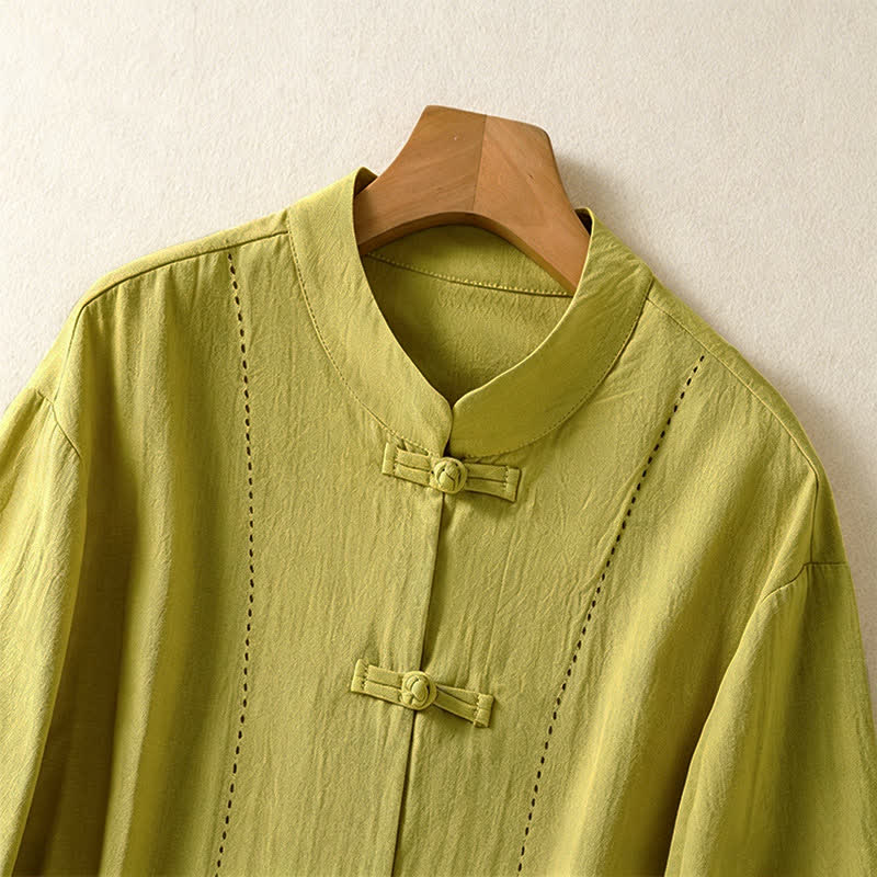 Nimara Ritual Summer Tang Style Vintage Mandarin Collar Frog Button Solid Women's Short Sleeve Shirts With Pockets