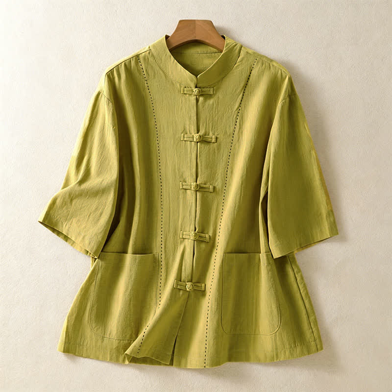 Nimara Ritual Summer Tang Style Vintage Mandarin Collar Frog Button Solid Women's Short Sleeve Shirts With Pockets