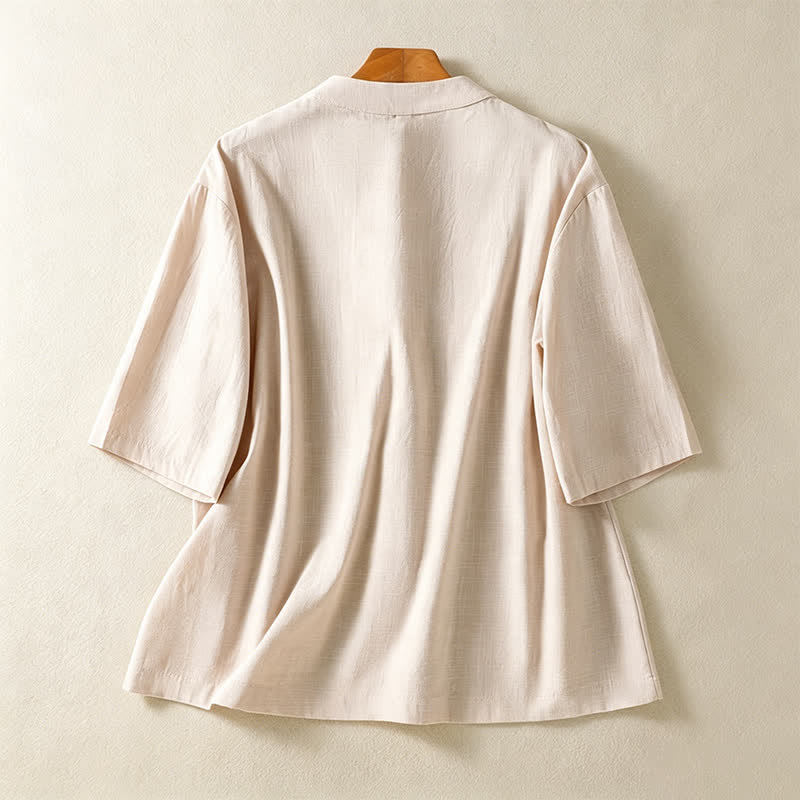 Nimara Ritual Summer Tang Style Vintage Mandarin Collar Frog Button Solid Women's Short Sleeve Shirts With Pockets