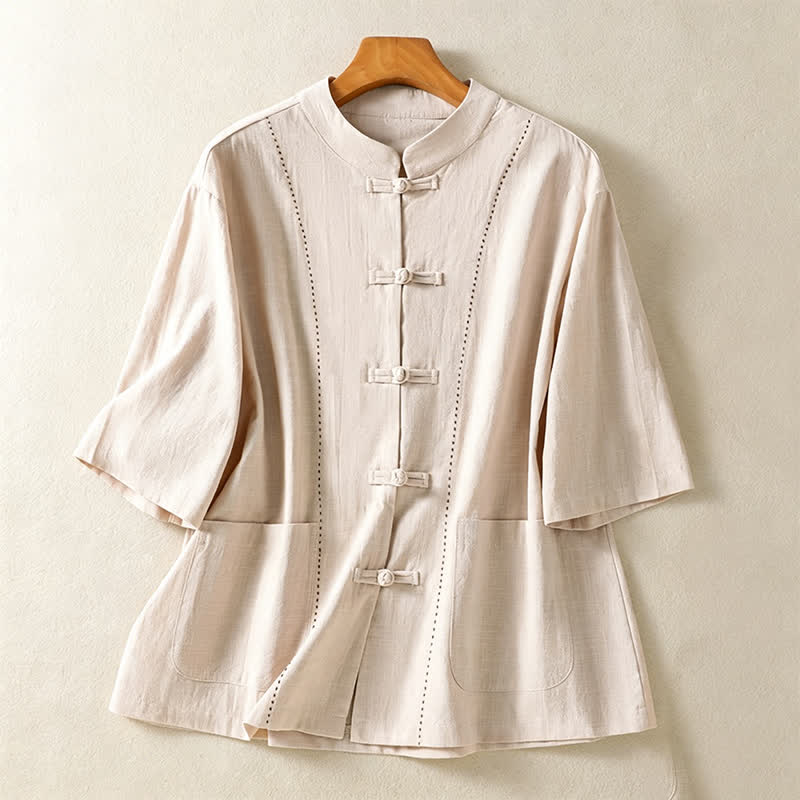 Nimara Ritual Summer Tang Style Vintage Mandarin Collar Frog Button Solid Women's Short Sleeve Shirts With Pockets