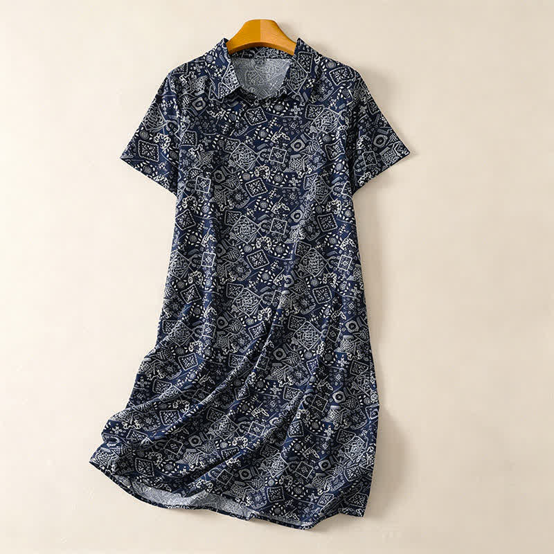 Nimara Ritual Summer Casual Vintage Button-Up Geometric Women's Short Sleeve Knee Length Dress With Pockets