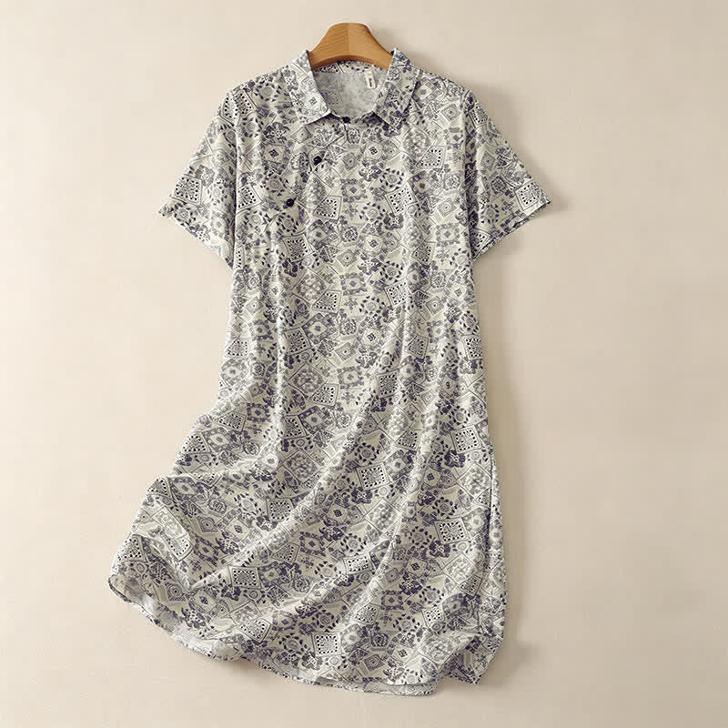 Nimara Ritual Summer Casual Vintage Button-Up Geometric Women's Short Sleeve Knee Length Dress With Pockets