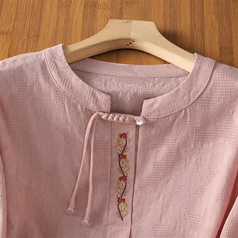 Nimara Ritual Summer Boho Tang Style Embroidery Drawstring Solid Women's Short Sleeve Shirts