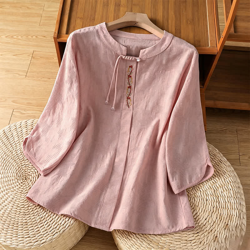 Nimara Ritual Summer Boho Tang Style Embroidery Drawstring Solid Women's Short Sleeve Shirts