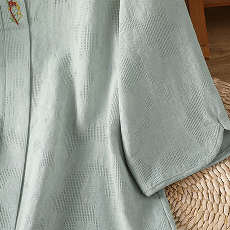 Nimara Ritual Summer Boho Tang Style Embroidery Drawstring Solid Women's Short Sleeve Shirts