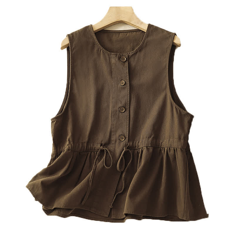 Nimara Ritual Summer Casual Vintage Button-Up Drawstring Solid Tank Top Women's Sleeveless Shirts