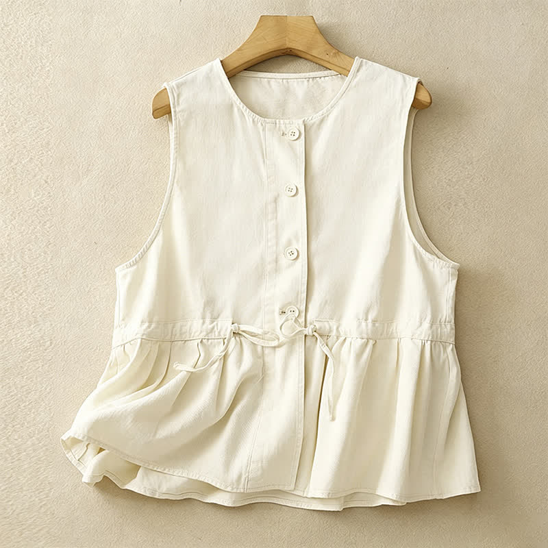 Nimara Ritual Summer Casual Vintage Button-Up Drawstring Solid Tank Top Women's Sleeveless Shirts