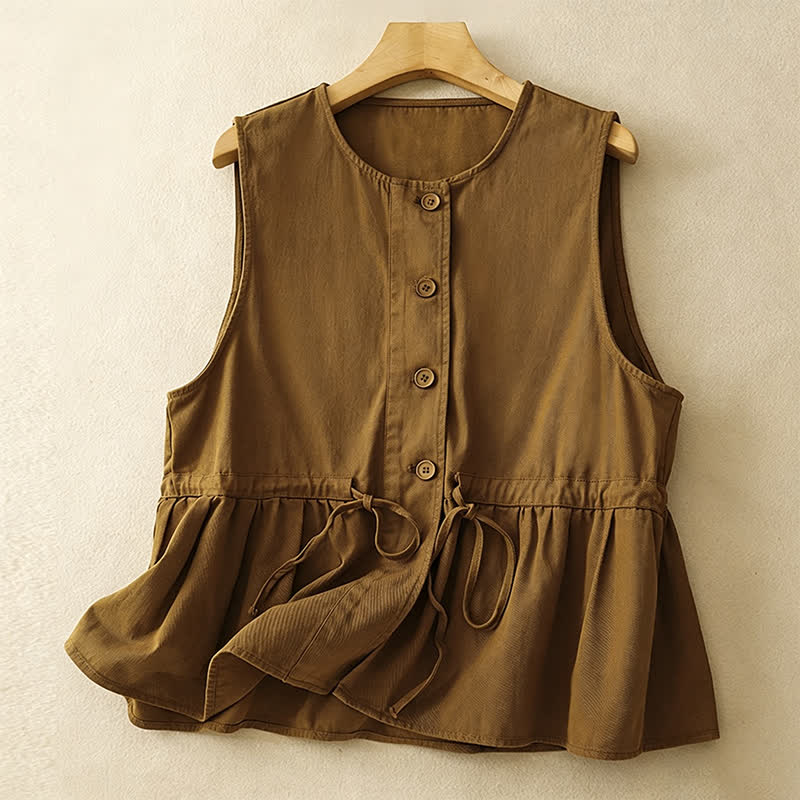 Nimara Ritual Summer Casual Vintage Button-Up Drawstring Solid Tank Top Women's Sleeveless Shirts