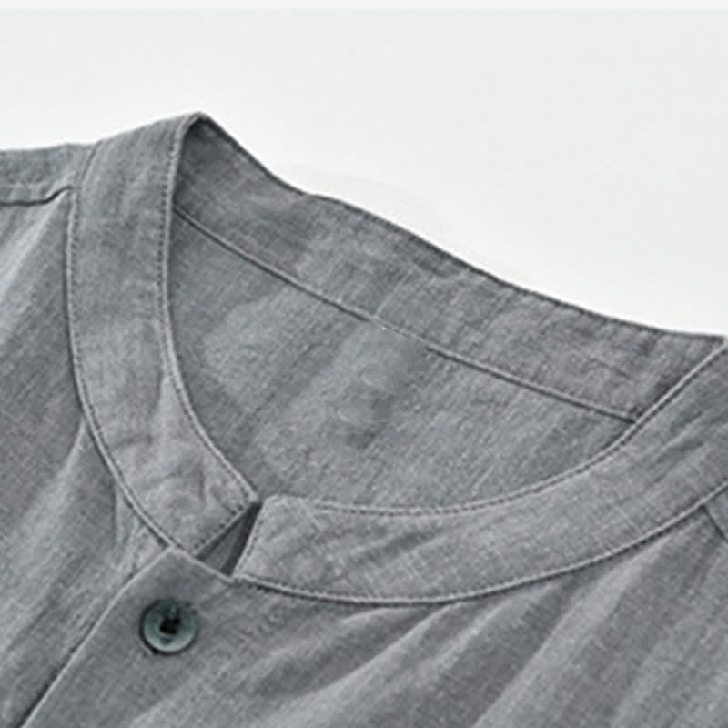 Nimara Ritual Summer Vintage Mandarin Collar Button Up Solid Men's Short Sleeve Shirts With Pockets