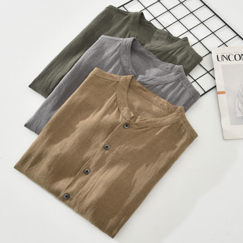 Nimara Ritual Summer Vintage Mandarin Collar Button Up Solid Men's Short Sleeve Shirts With Pockets
