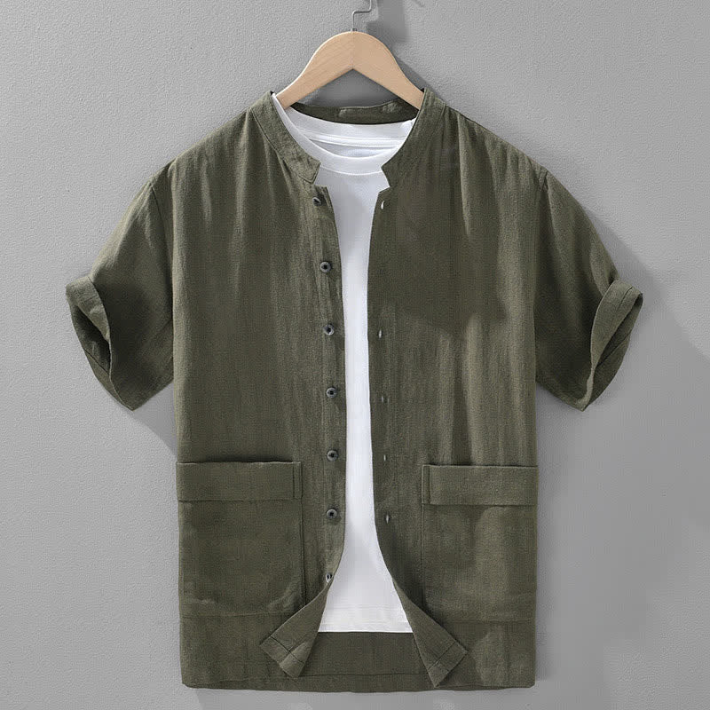Nimara Ritual Summer Vintage Mandarin Collar Button Up Solid Men's Short Sleeve Shirts With Pockets