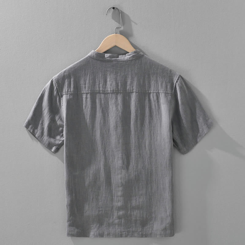 Nimara Ritual Summer Vintage Mandarin Collar Button Up Solid Men's Short Sleeve Shirts With Pockets