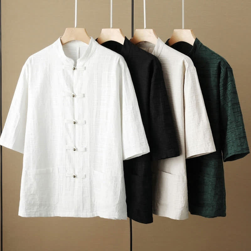 Nimara Ritual Summer Tang Style Casual Mandarin Collar Frog Button Solid Men's Elbow-Length Sleeve Shirts With Pockets