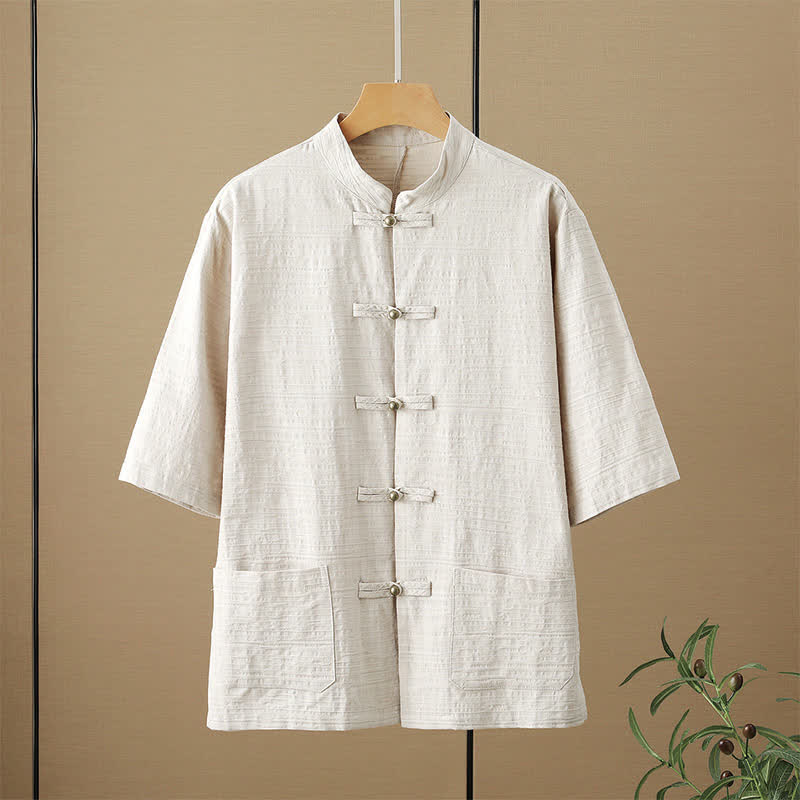 Nimara Ritual Summer Tang Style Casual Mandarin Collar Frog Button Solid Men's Elbow-Length Sleeve Shirts With Pockets