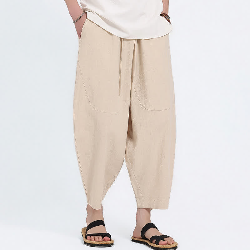 Nimara Ritual Summer Casual Drawstring Solid Cotton Linen Capri Pants Men's Harem Pants With Pockets