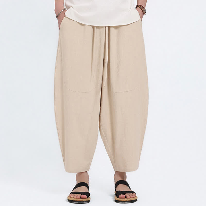 Nimara Ritual Summer Casual Drawstring Solid Cotton Linen Capri Pants Men's Harem Pants With Pockets