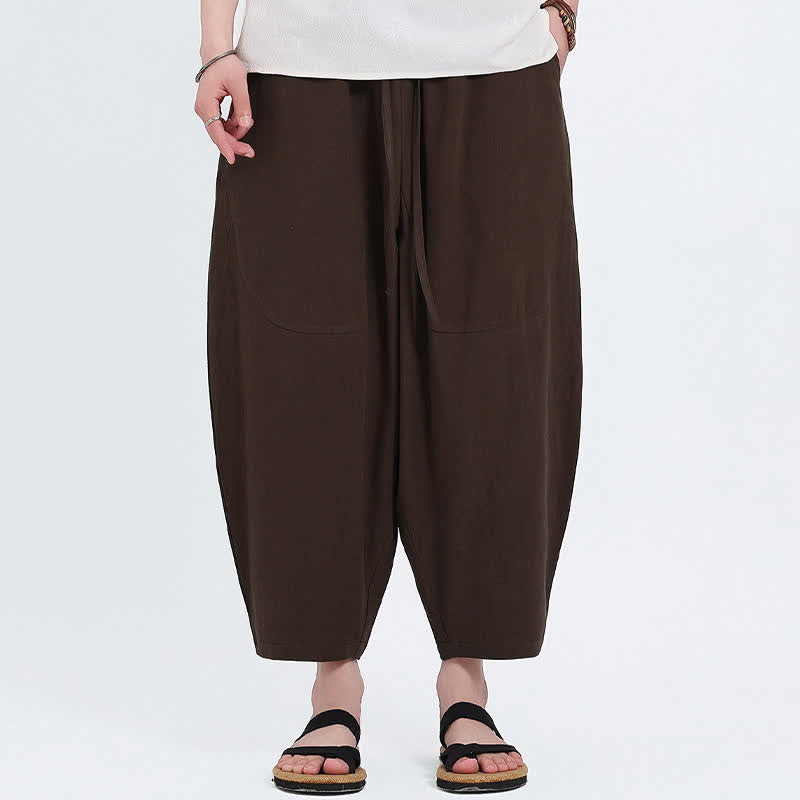Nimara Ritual Summer Casual Drawstring Solid Cotton Linen Capri Pants Men's Harem Pants With Pockets