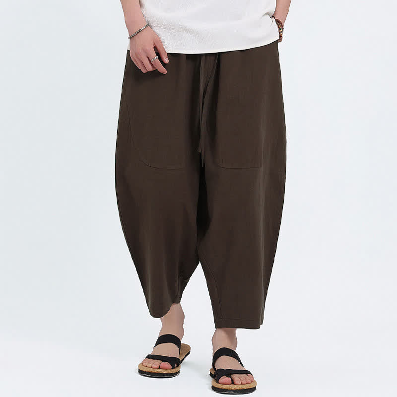Nimara Ritual Summer Casual Drawstring Solid Cotton Linen Capri Pants Men's Harem Pants With Pockets