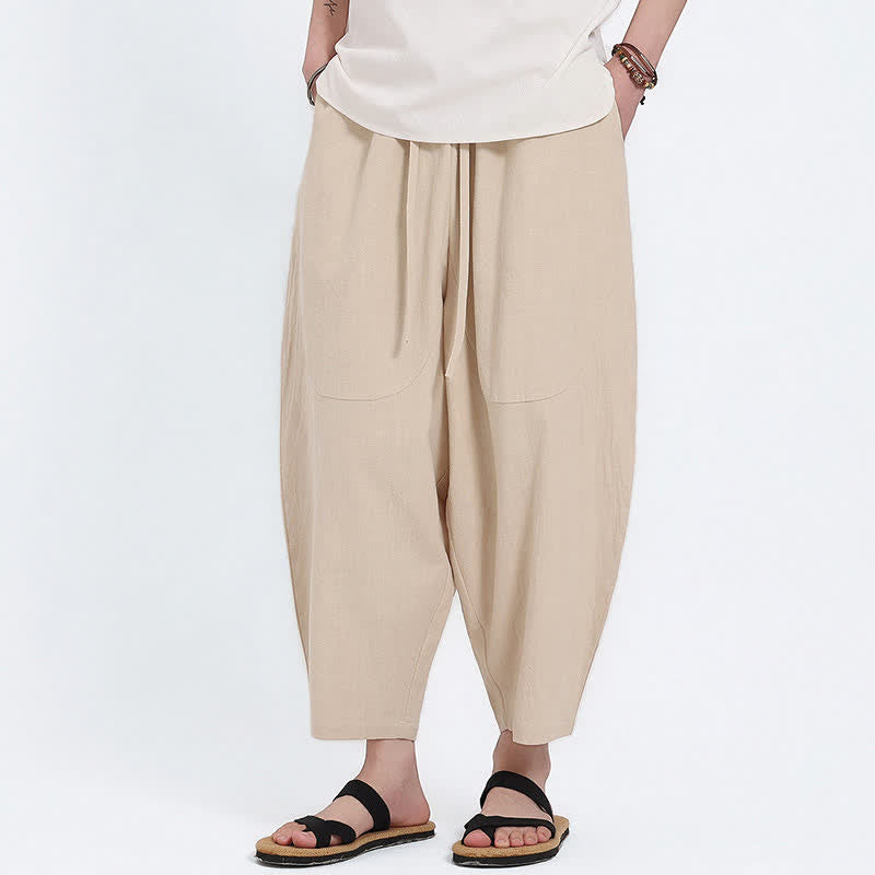 Nimara Ritual Summer Casual Drawstring Solid Cotton Linen Capri Pants Men's Harem Pants With Pockets