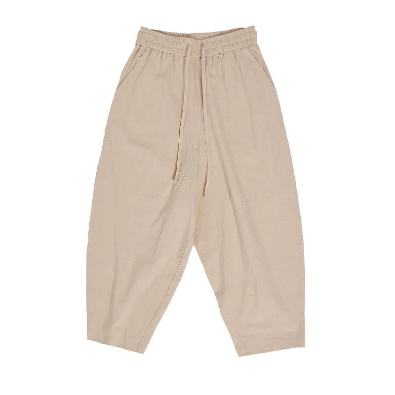 Nimara Ritual Summer Casual Drawstring Solid Cotton Linen Capri Pants Men's Harem Pants With Pockets