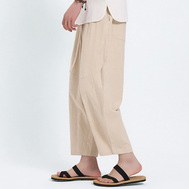 Nimara Ritual Summer Casual Drawstring Solid Cotton Linen Capri Pants Men's Harem Pants With Pockets