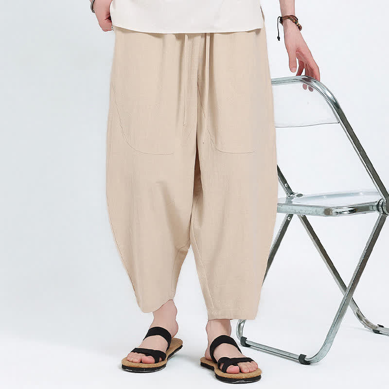 Nimara Ritual Summer Casual Drawstring Solid Cotton Linen Capri Pants Men's Harem Pants With Pockets