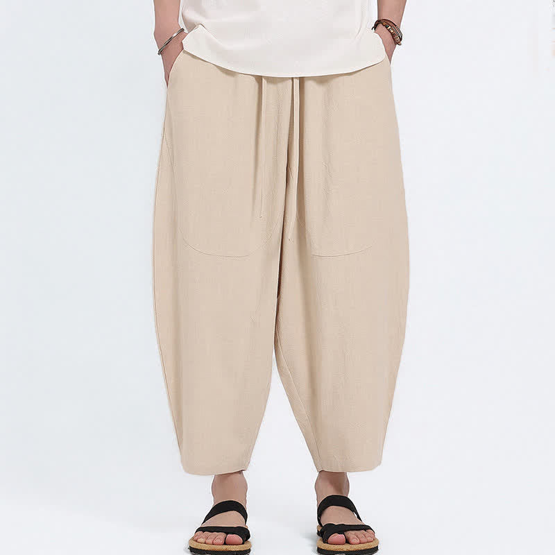 Nimara Ritual Summer Casual Drawstring Solid Cotton Linen Capri Pants Men's Harem Pants With Pockets