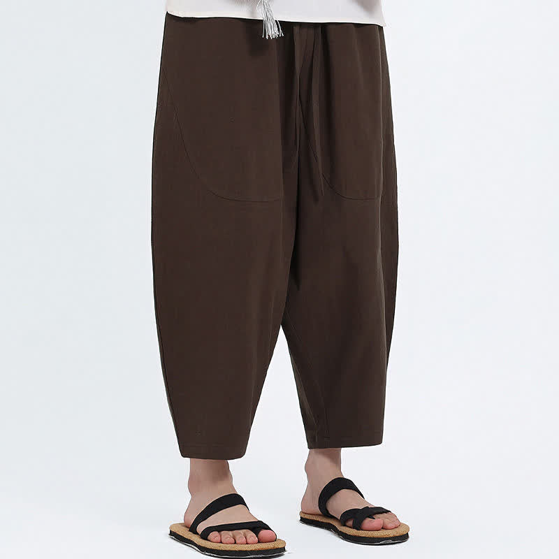 Nimara Ritual Summer Casual Drawstring Solid Cotton Linen Capri Pants Men's Harem Pants With Pockets