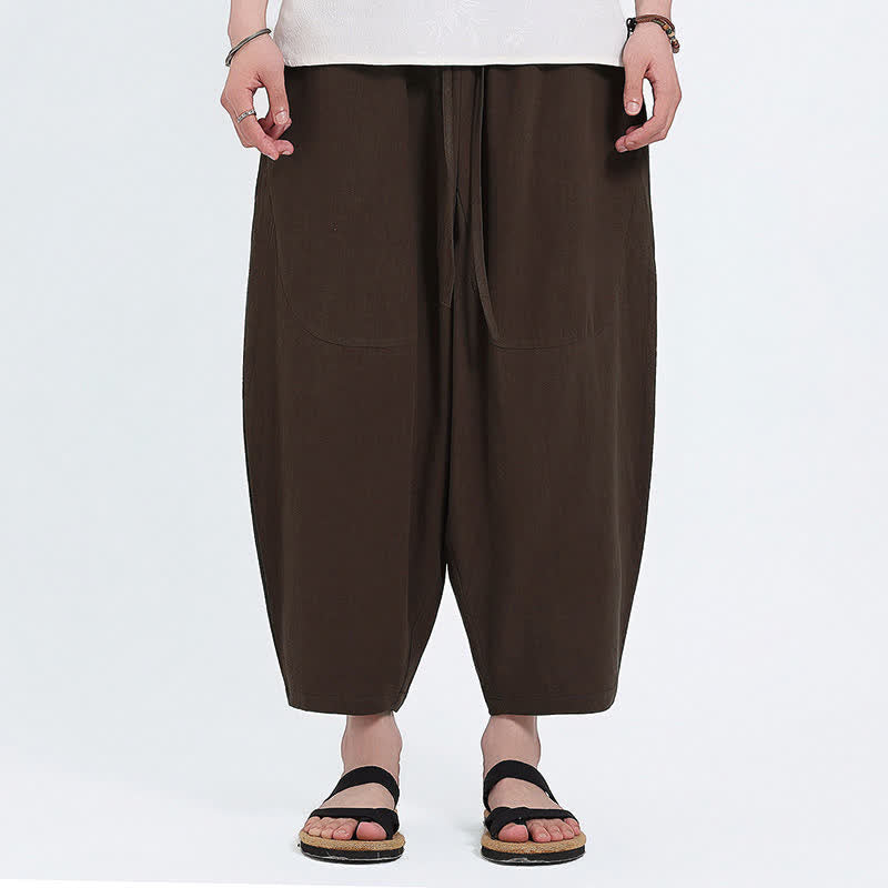 Nimara Ritual Summer Casual Drawstring Solid Cotton Linen Capri Pants Men's Harem Pants With Pockets