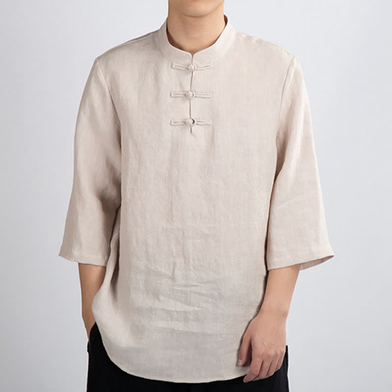 Nimara Ritual Summer Tang Style Mandarin Collar Frog Button Solid Men's Three-Quarter Sleeve Shirts