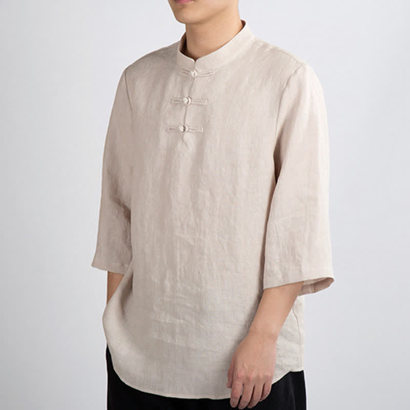 Nimara Ritual Summer Tang Style Mandarin Collar Frog Button Solid Men's Three-Quarter Sleeve Shirts