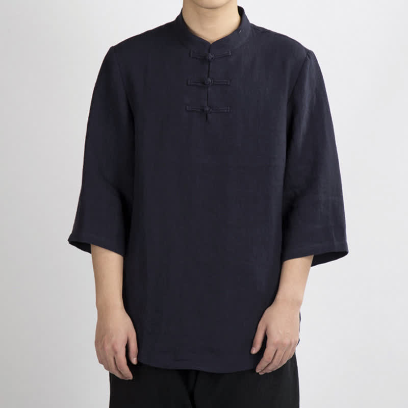 Nimara Ritual Summer Tang Style Mandarin Collar Frog Button Solid Men's Three-Quarter Sleeve Shirts
