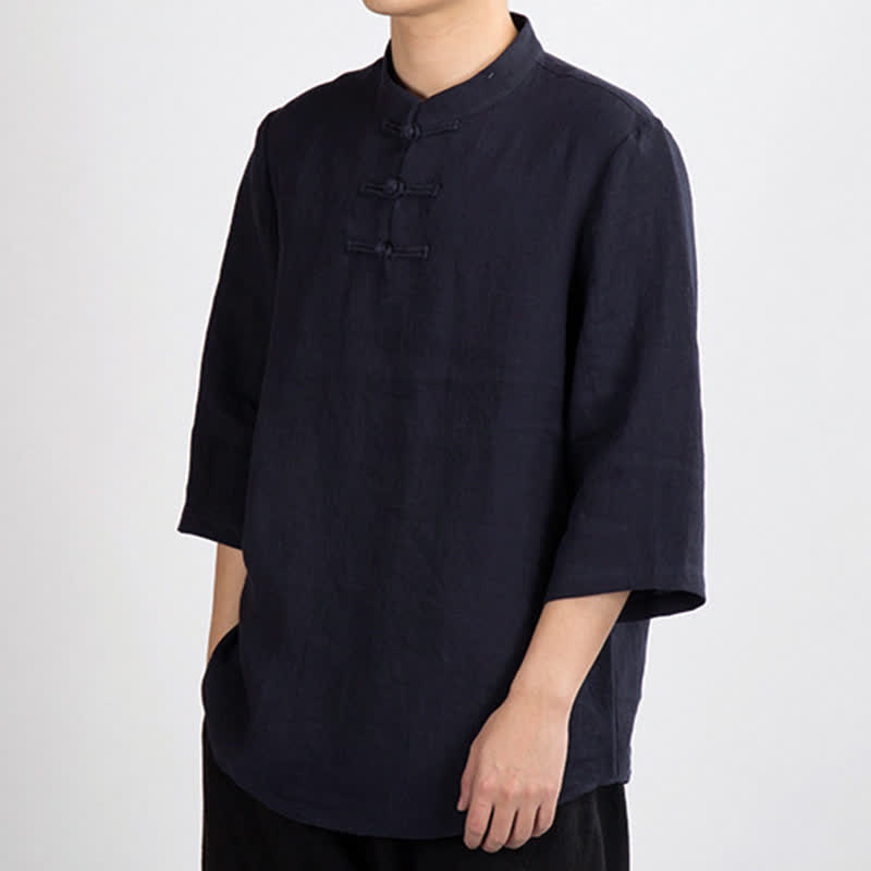 Nimara Ritual Summer Tang Style Mandarin Collar Frog Button Solid Men's Three-Quarter Sleeve Shirts