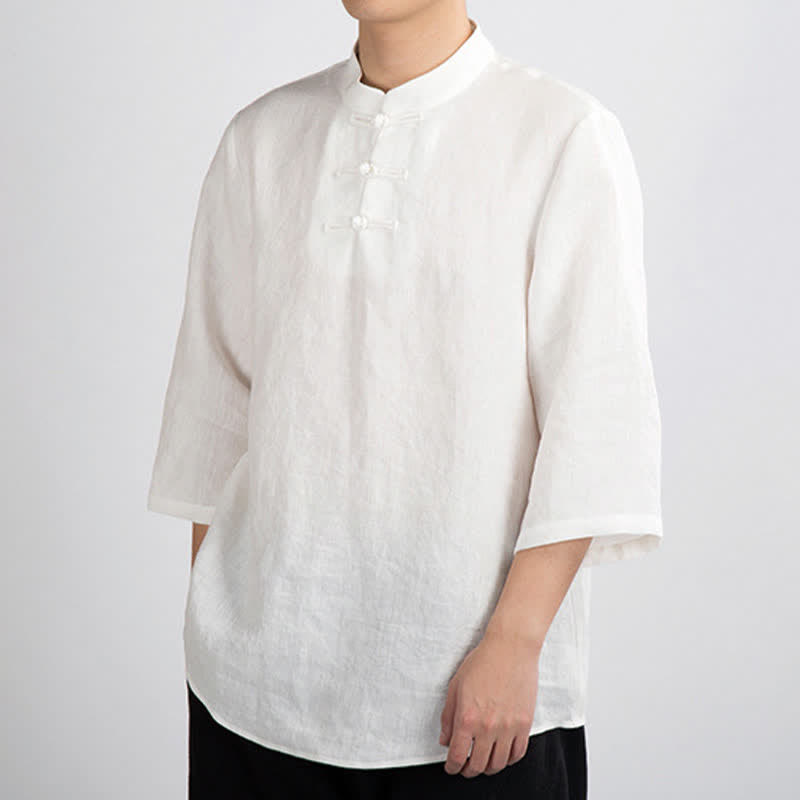 Nimara Ritual Summer Tang Style Mandarin Collar Frog Button Solid Men's Three-Quarter Sleeve Shirts