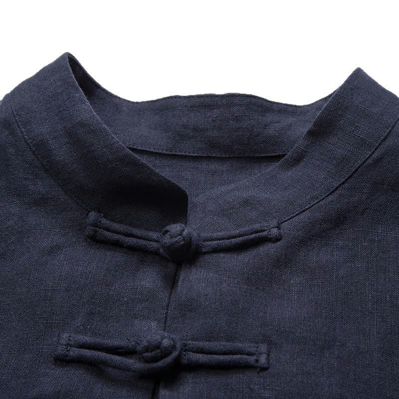 Nimara Ritual Summer Tang Style Mandarin Collar Frog Button Solid Men's Three-Quarter Sleeve Shirts