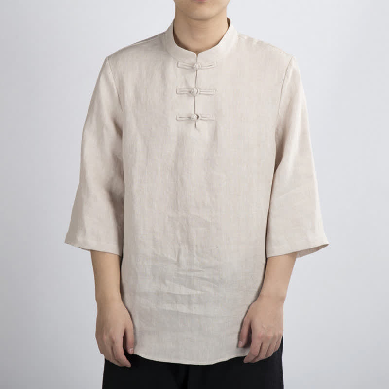 Nimara Ritual Summer Tang Style Mandarin Collar Frog Button Solid Men's Three-Quarter Sleeve Shirts