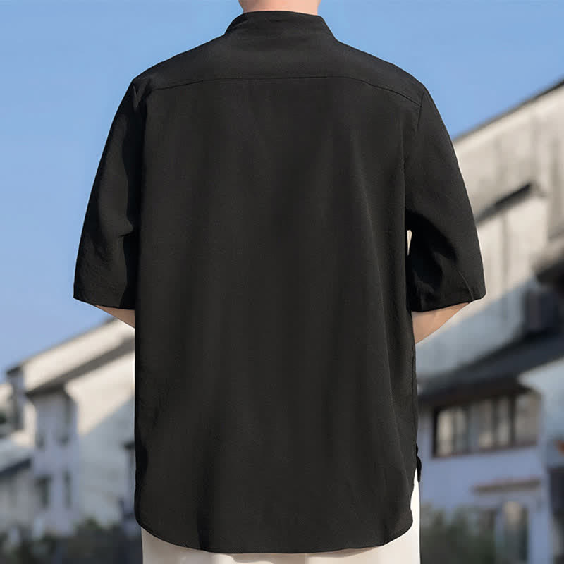 Nimara Ritual Summer Tang Style Mandarin Collar Embroidery Solid Men's Short Sleeve Shirts