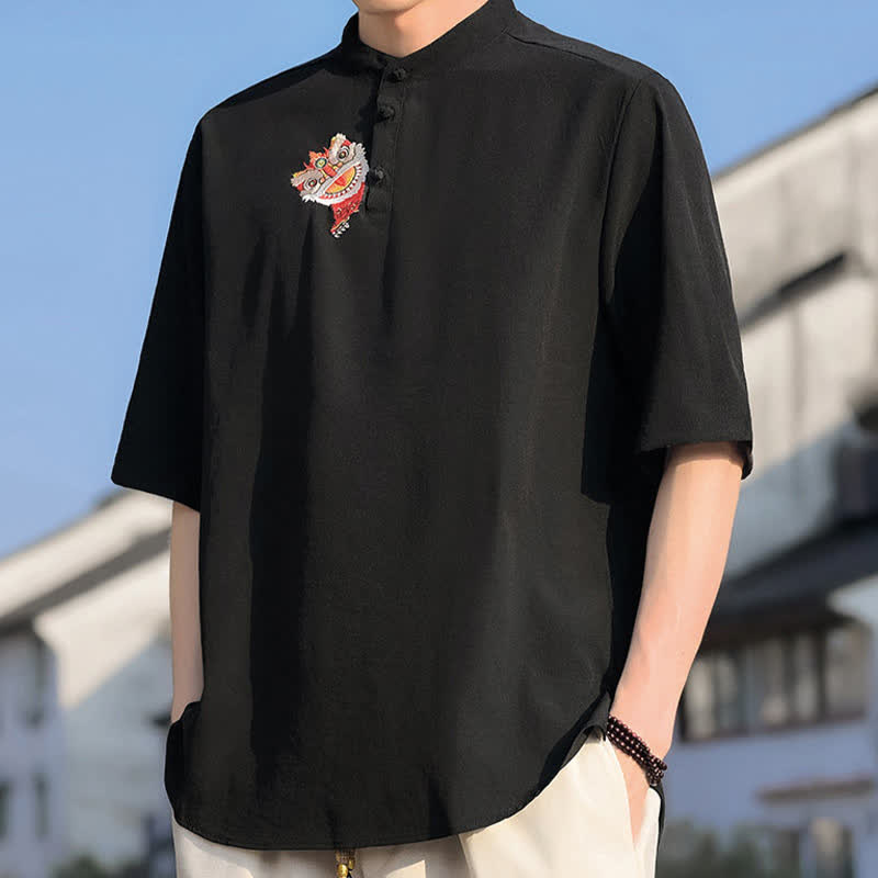 Nimara Ritual Summer Tang Style Mandarin Collar Embroidery Solid Men's Short Sleeve Shirts