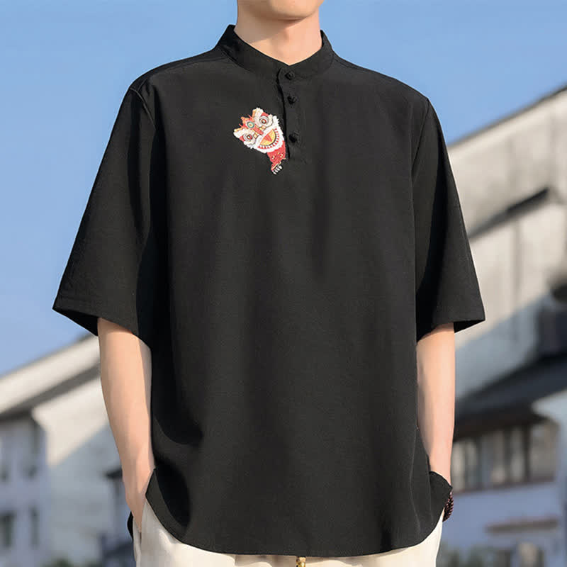 Nimara Ritual Summer Tang Style Mandarin Collar Embroidery Solid Men's Short Sleeve Shirts