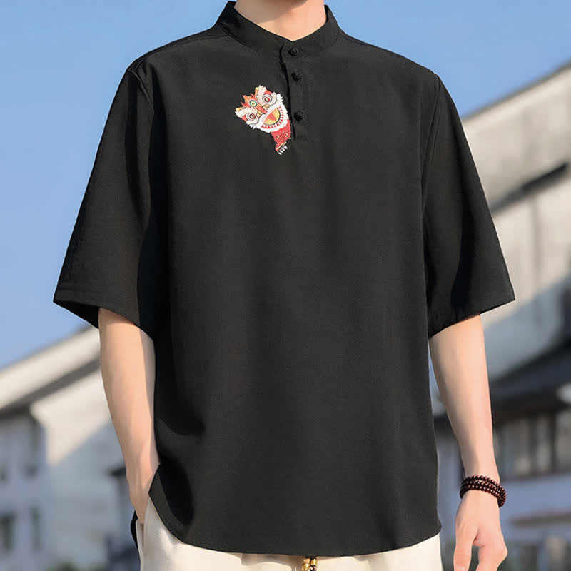 Nimara Ritual Summer Tang Style Mandarin Collar Embroidery Solid Men's Short Sleeve Shirts