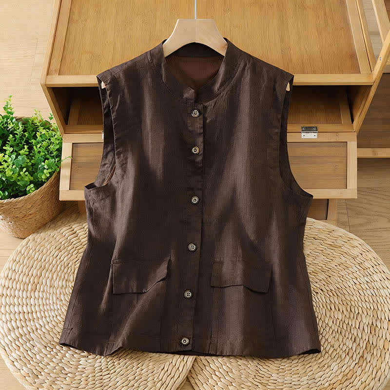 Nimara Ritual Summer Tang Style Minimalist Mandarin Collar Button-Up Solid Women's Sleeveless Shirts Tank Top With Pocket