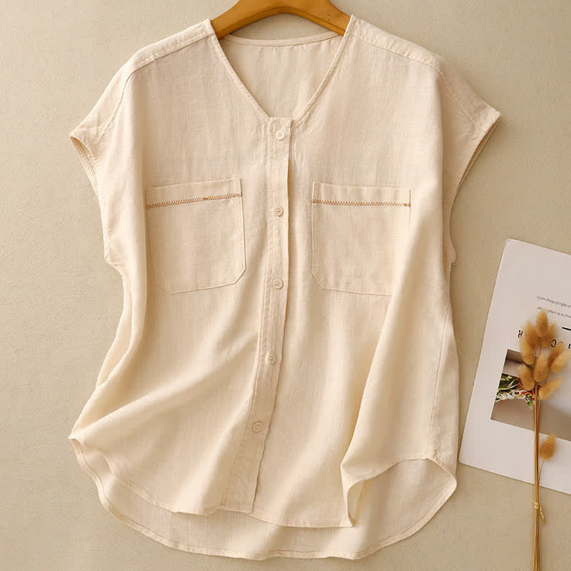 Nimara Ritual Summer Casual Minimalist Button-Up Patch Pocket Solid Women's Sleeveless Shirts Tank Top With Pocket