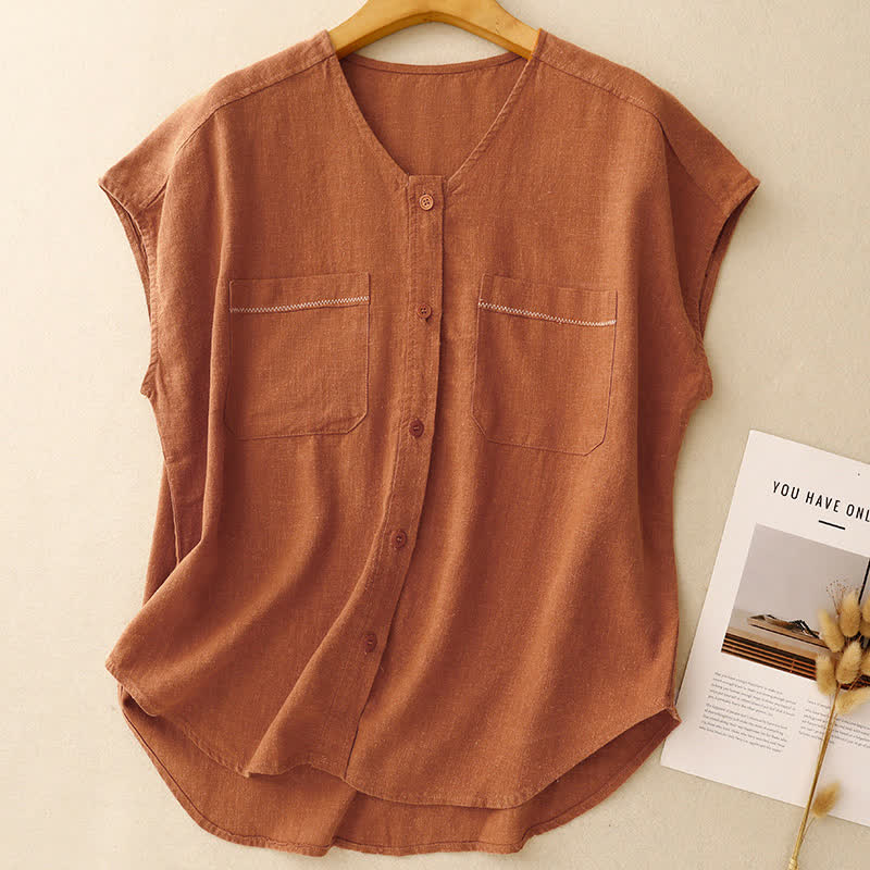 Nimara Ritual Summer Casual Minimalist Button-Up Patch Pocket Solid Women's Sleeveless Shirts Tank Top With Pocket