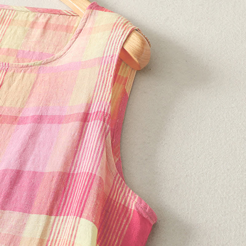 Nimara Ritual Summer Casual Vintage Plaid Women's Summer Sleeveless Dresse With Pocket
