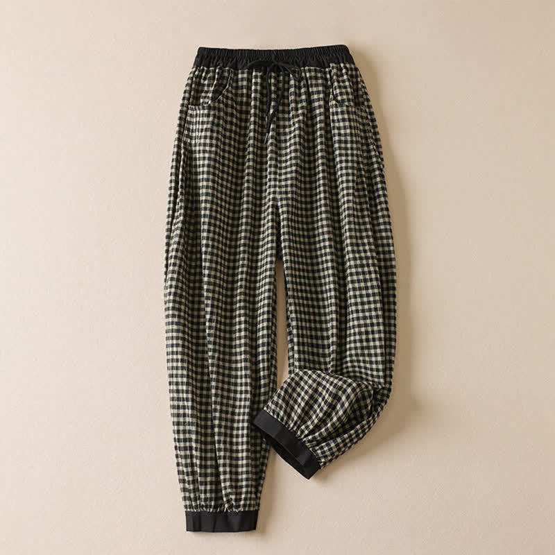 Nimara Ritual Summer Casual Minimalist Plaid Drawstring Cropped Pants Women's Harem Pants With Pocket