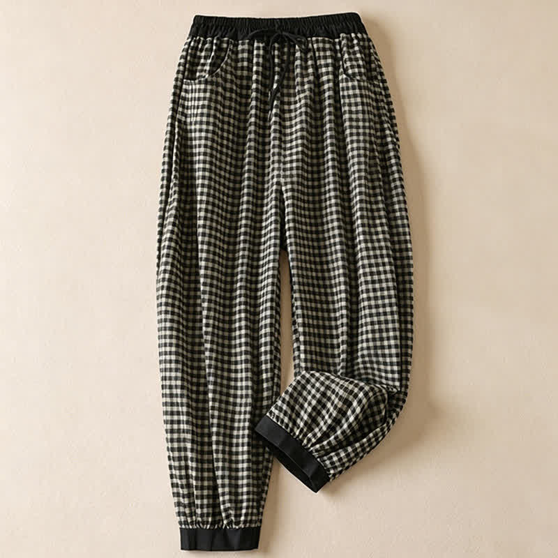 Nimara Ritual Summer Casual Minimalist Plaid Drawstring Cropped Pants Women's Harem Pants With Pocket