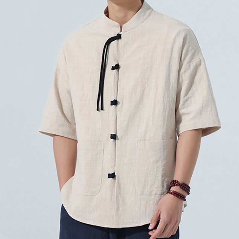 Nimara Ritual Summer Tang Style Casual Mandarin Collar Frog Button Solid Men's Elbow-Length Sleeve Shirts With Pocket