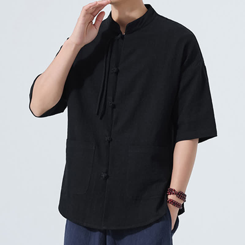 Nimara Ritual Summer Tang Style Casual Mandarin Collar Frog Button Solid Men's Elbow-Length Sleeve Shirts With Pocket