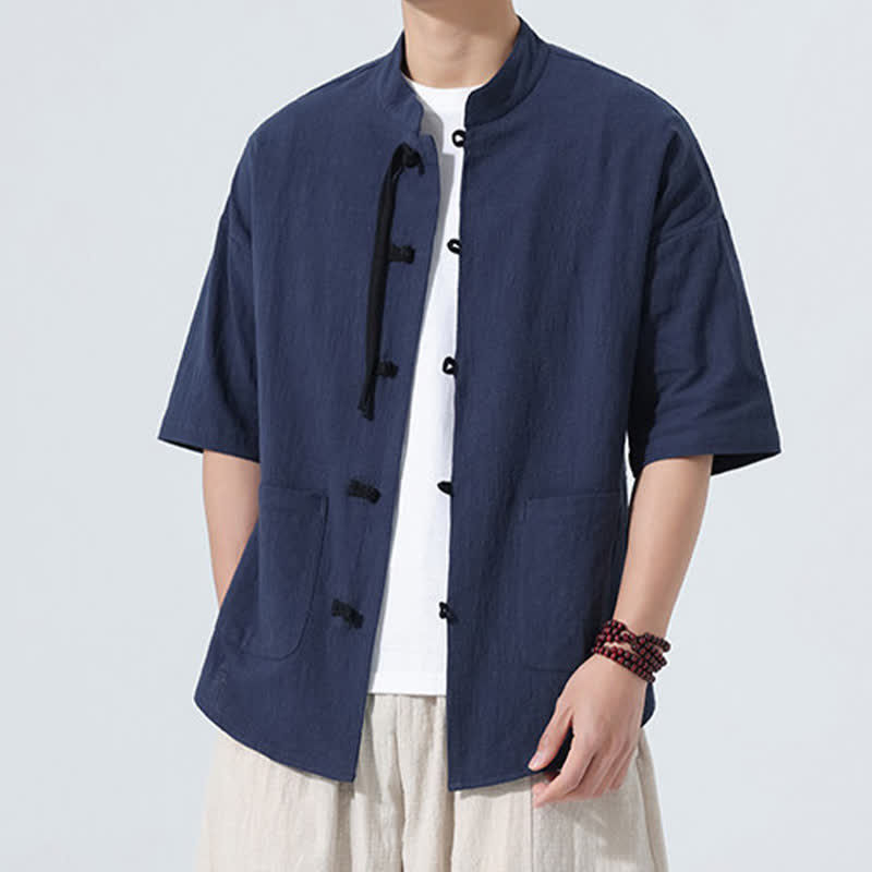 Nimara Ritual Summer Tang Style Casual Mandarin Collar Frog Button Solid Men's Elbow-Length Sleeve Shirts With Pocket